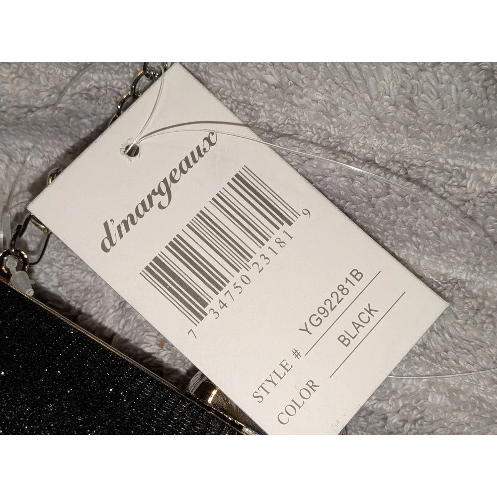 D'margeaux‎ Black Glitter Pleated Evening Clutch Bag Silver Chain YG92281B NEW